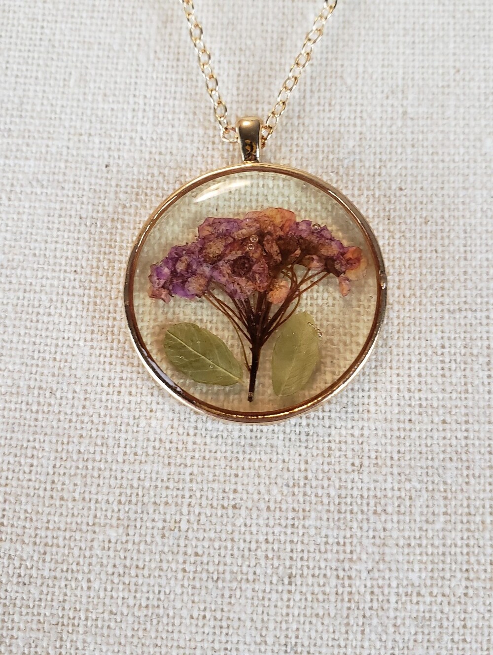 Handcrafted Purple Floral Resin Pendant Necklace - Gold Tone